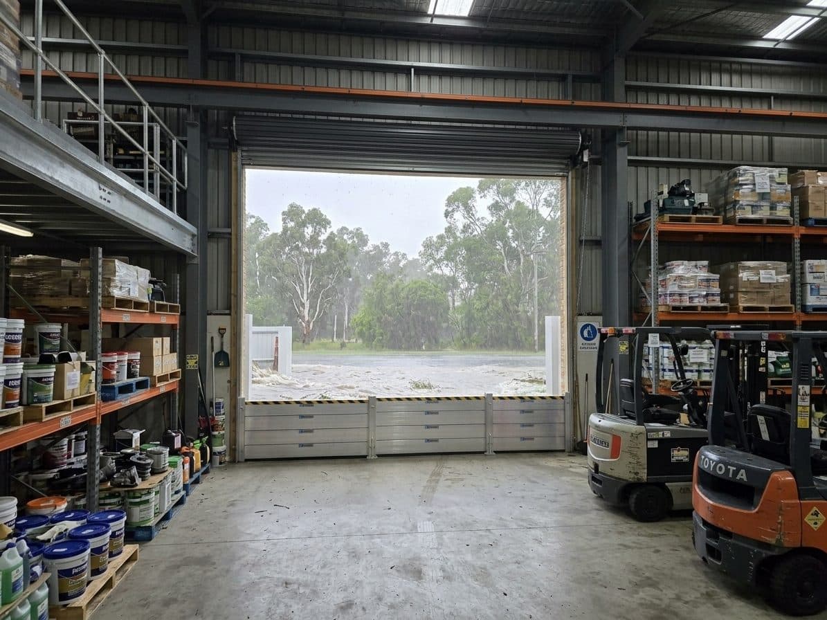 Aluminum flood barrier deployed across a factory roller door during heavy rain