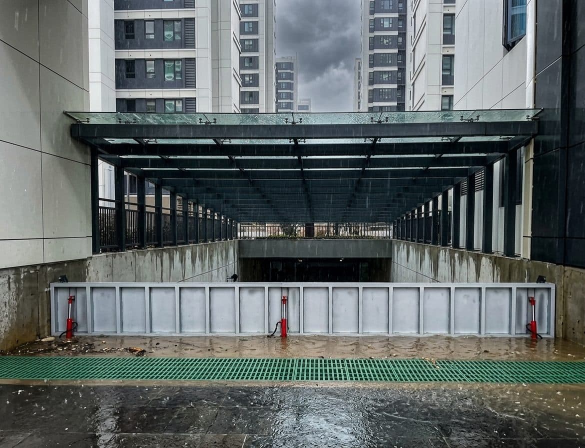 Automatic flood barrier at an apartment building basement entrance