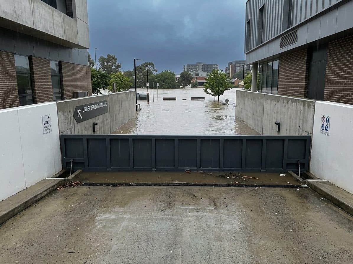 Automatic flood barrier at a hospital parking ramp