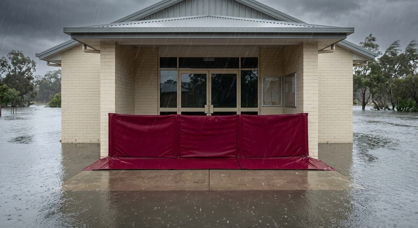 Red fabric flood barrier across the glass doors of a single-story brick hall surrounded by floodwater