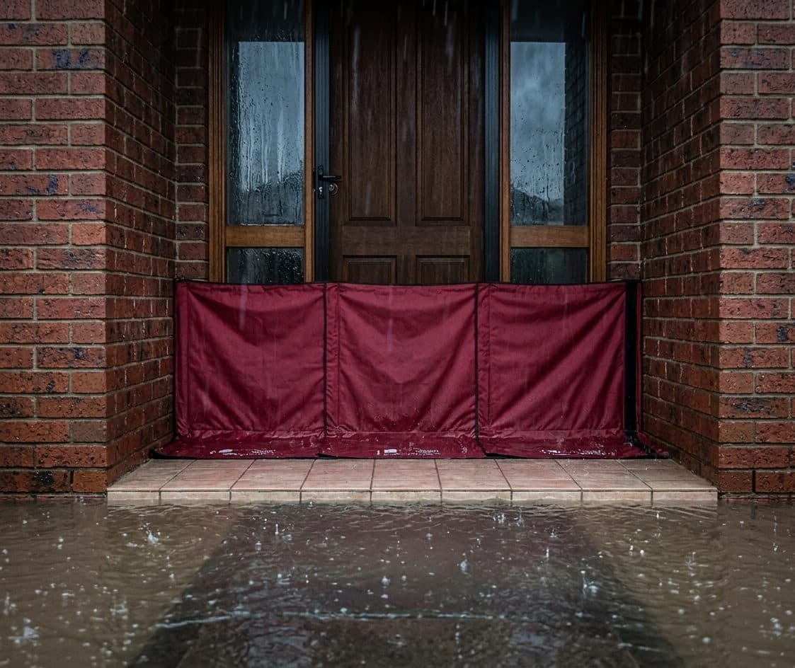 Oxford flood barrier set up across a front door