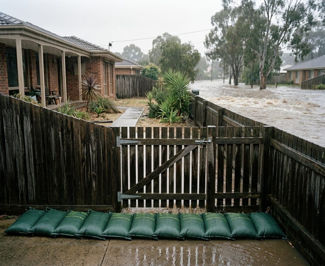 Water-activated sandbags placed along a backyard gate